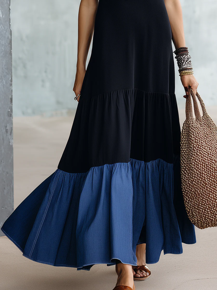 Elegant Black Contrast Tiered Maxi Dress - Image 3