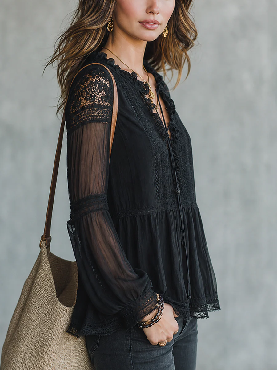 Elegant Black Lace Trim Blouse - Image 2