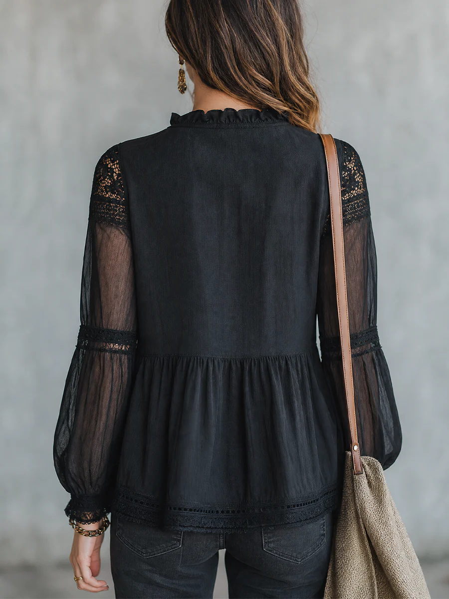 Elegant Black Lace Trim Blouse - Image 3