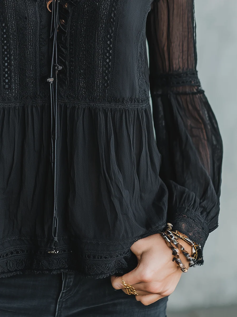Elegant Black Lace Trim Blouse - Image 5