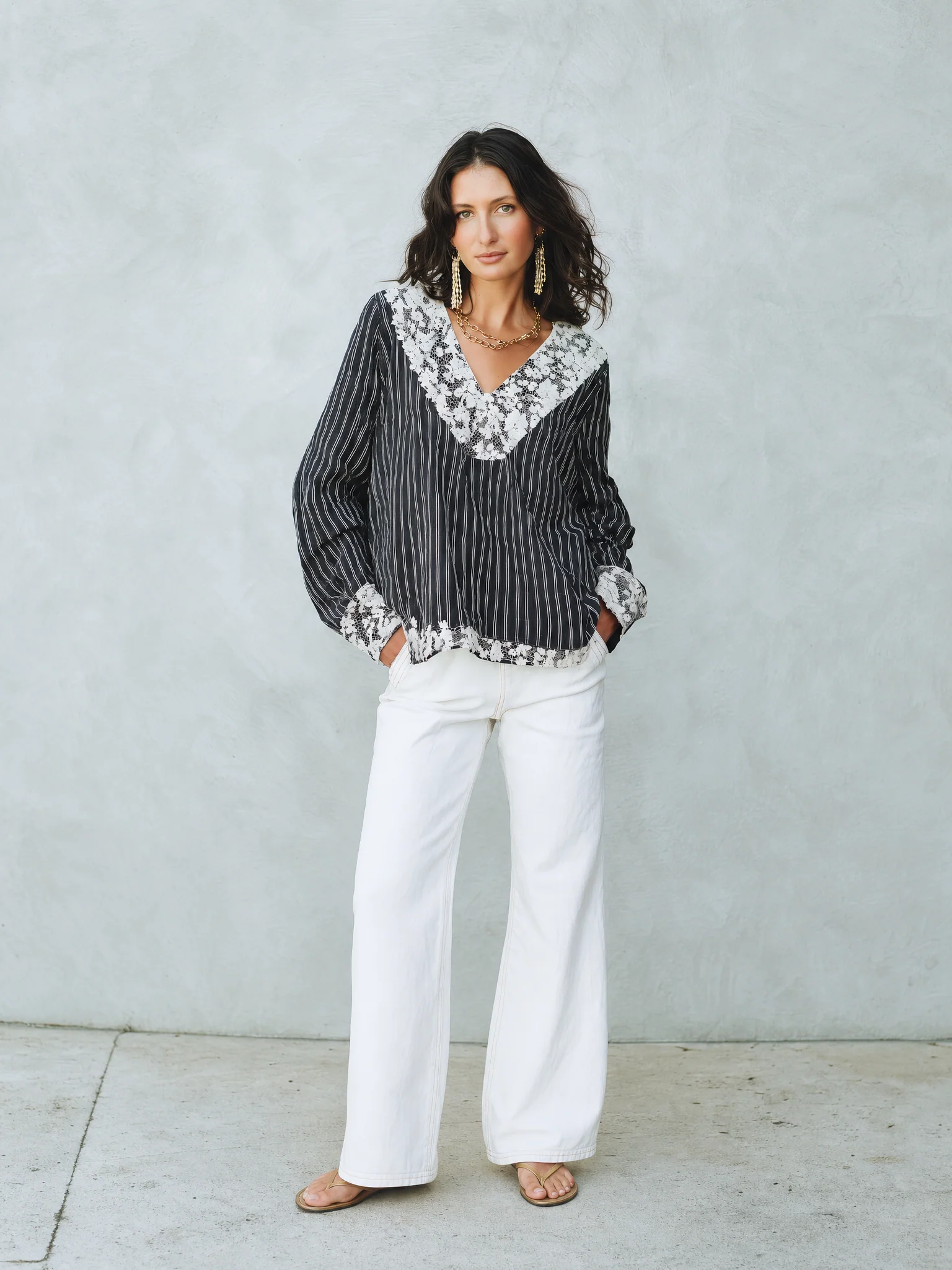 Elegant Black Lace Trim Striped Blouse - Image 2