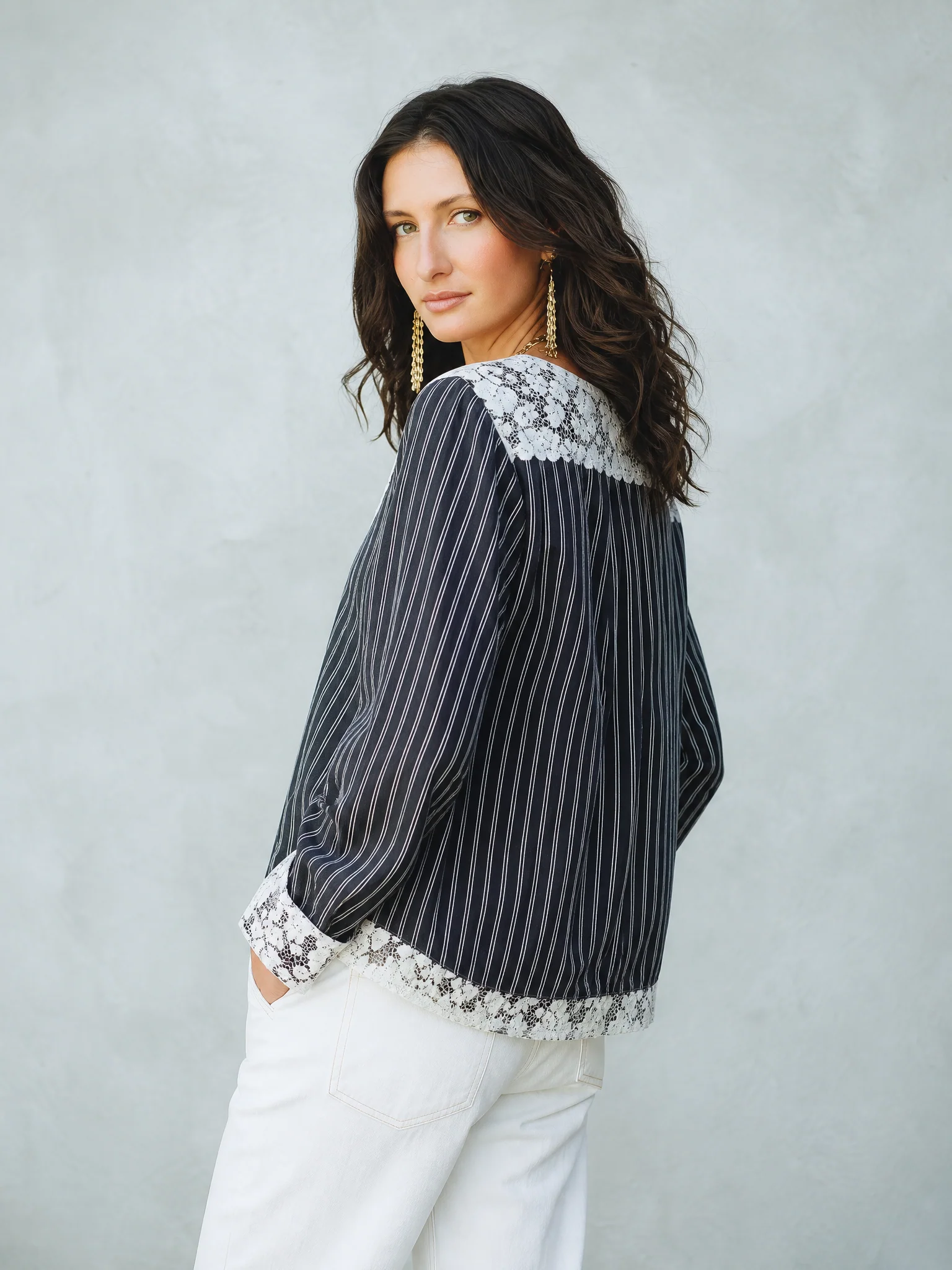 Elegant Black Lace Trim Striped Blouse - Image 3
