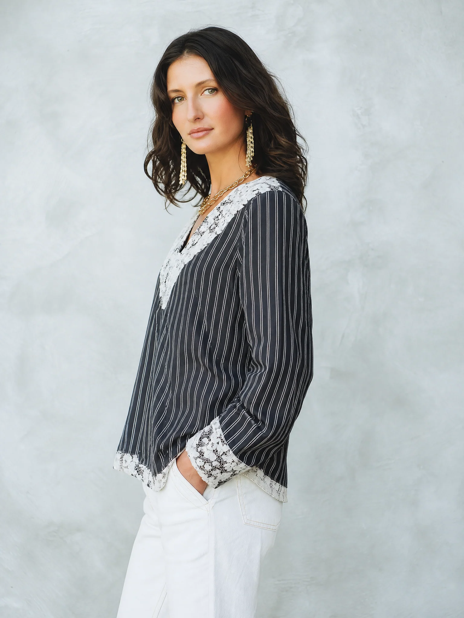 Elegant Black Lace Trim Striped Blouse - Image 4