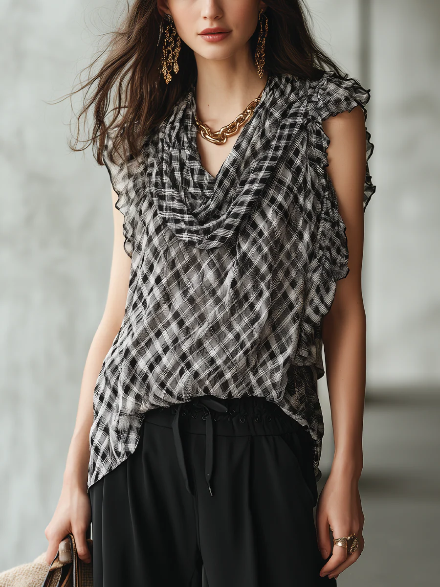 Elegant Black Plaid Ruffle Sleeveless Blouse