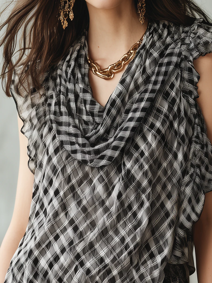 Elegant Black Plaid Ruffle Sleeveless Blouse - Image 2