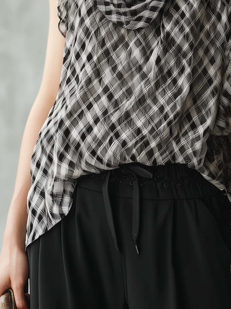Elegant Black Plaid Ruffle Sleeveless Blouse - Image 3