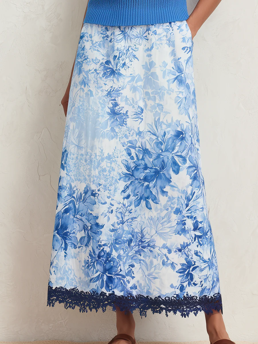Elegant Blue Floral Print Knit Top & Midi Skirt Set - Image 3