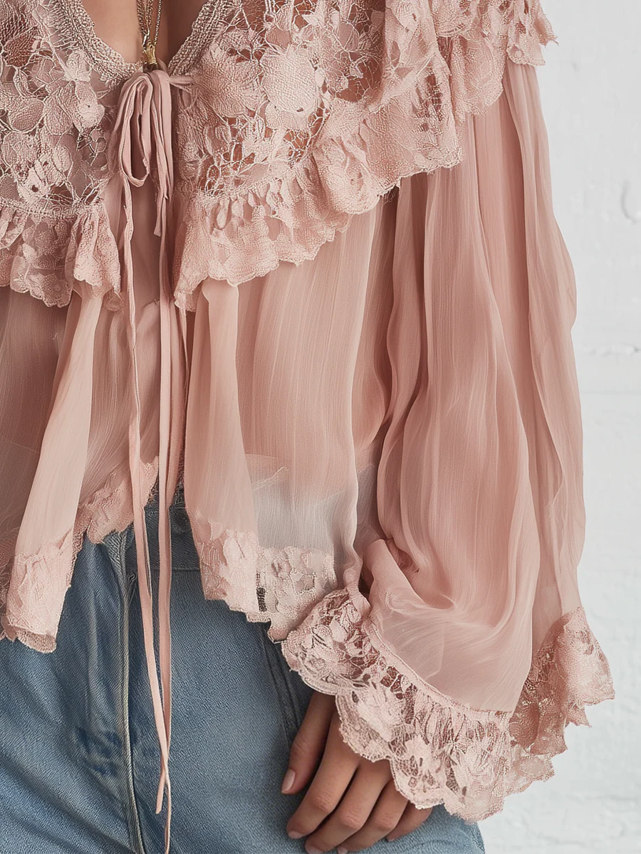 Elegant Blush Lace Chiffon Blouse - Image 3