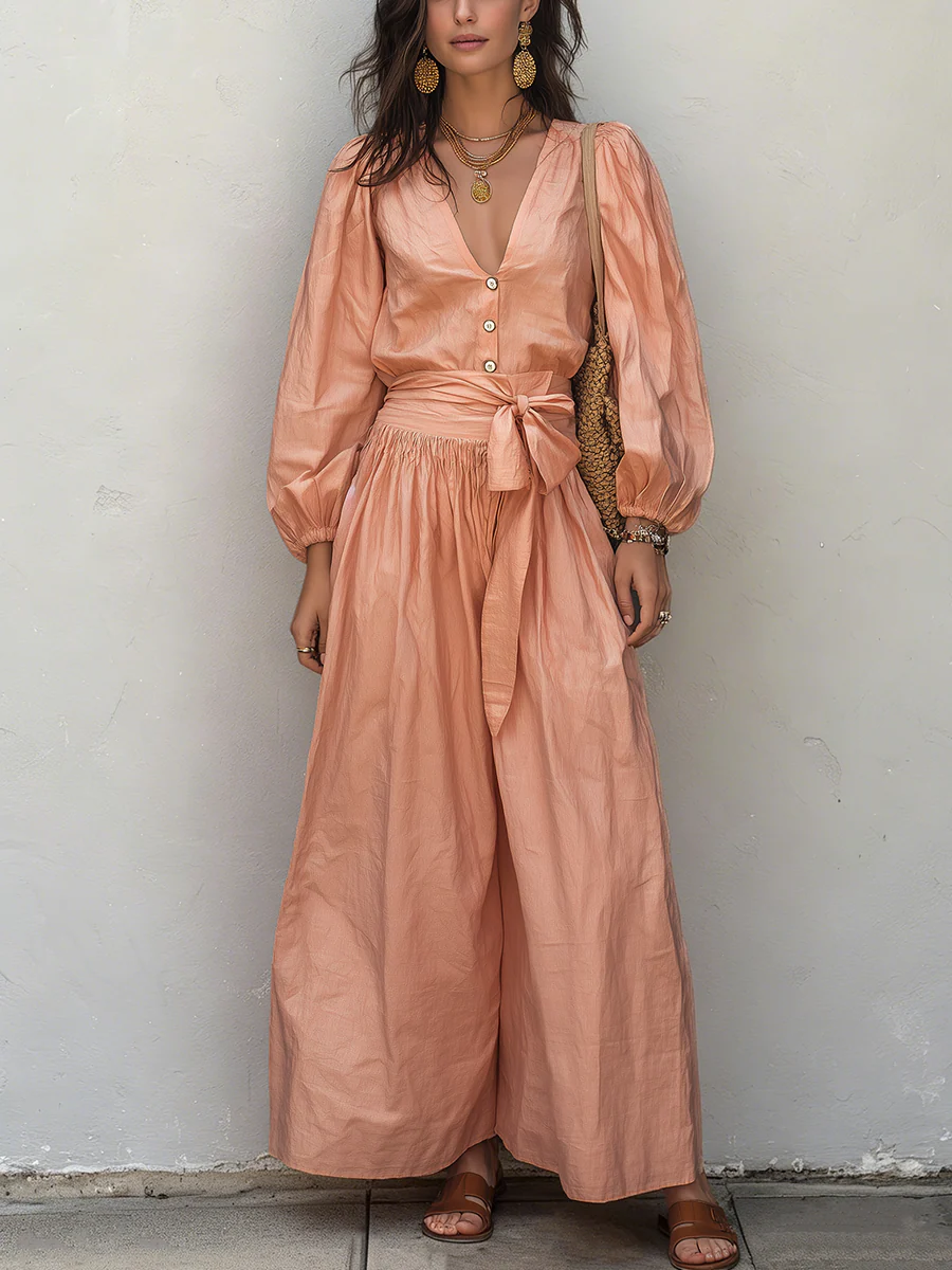 Elegant Blush Tie-Waist Linen Blend Two-Piece Set