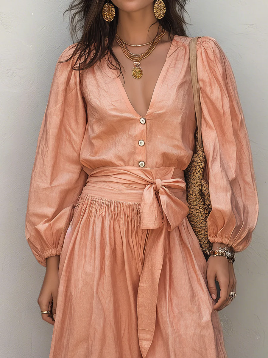 Elegant Blush Tie-Waist Linen Blend Two-Piece Set - Image 2