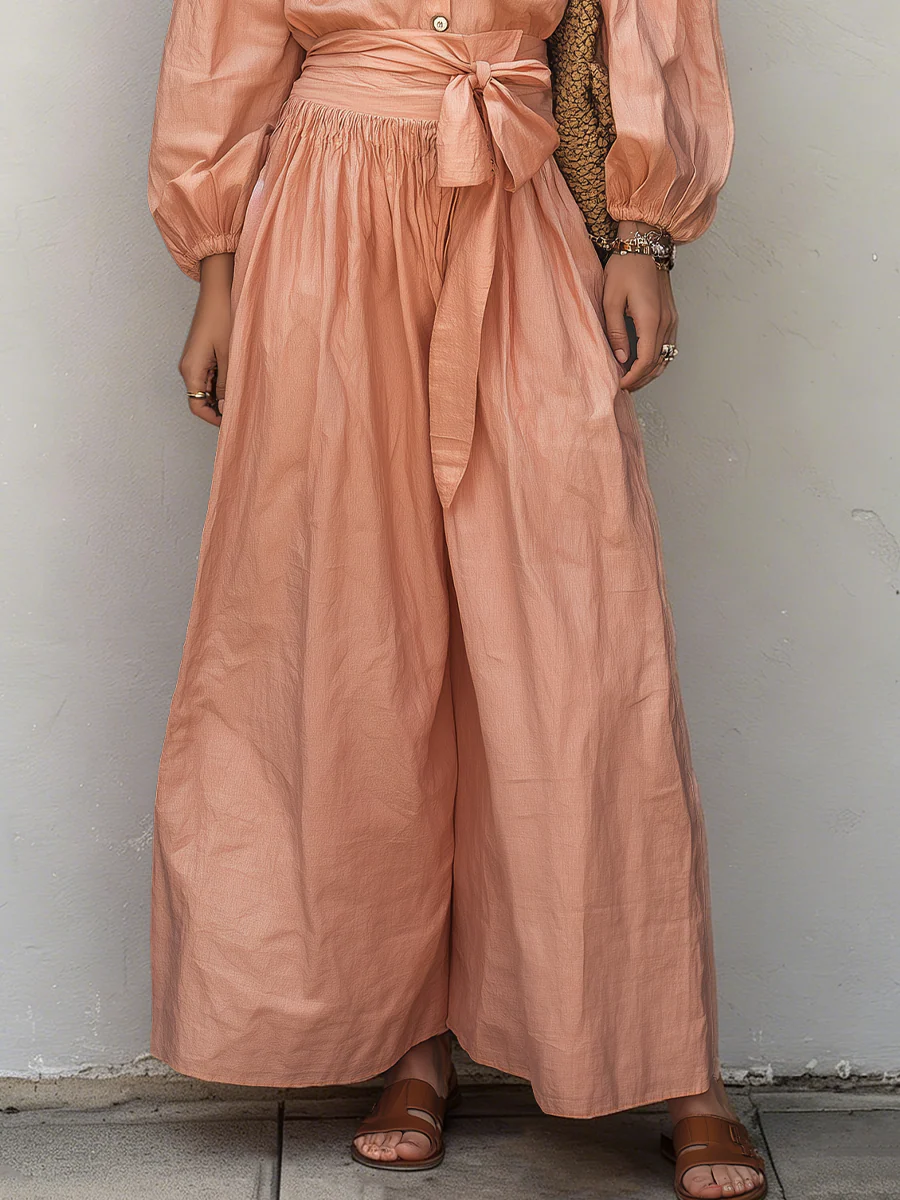 Elegant Blush Tie-Waist Linen Blend Two-Piece Set - Image 3