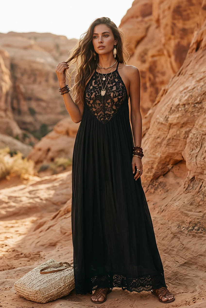Elegant Bohemian Sleeveless Soft Drape Statement Evening Maxi Dress - Image 3