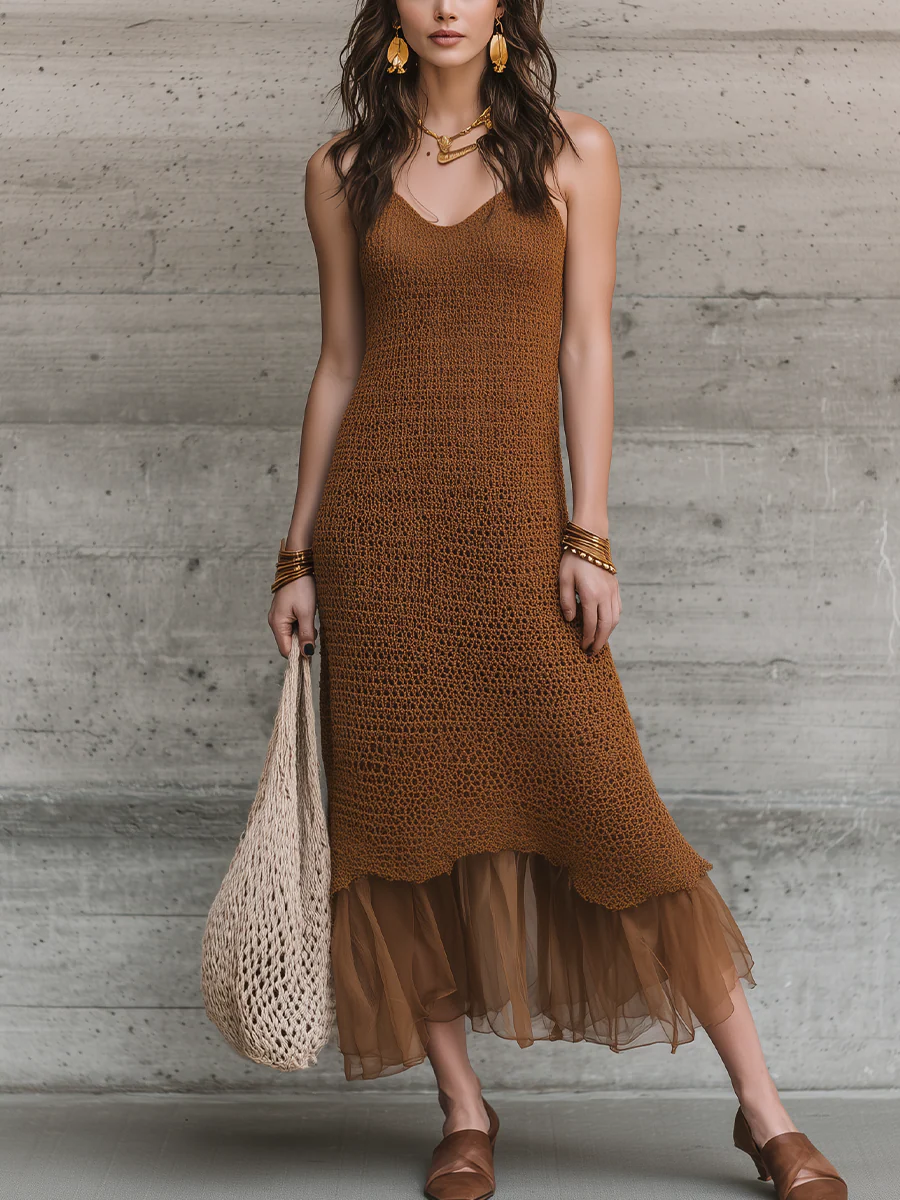 Elegant Brown Knit Layered Maxi Dress