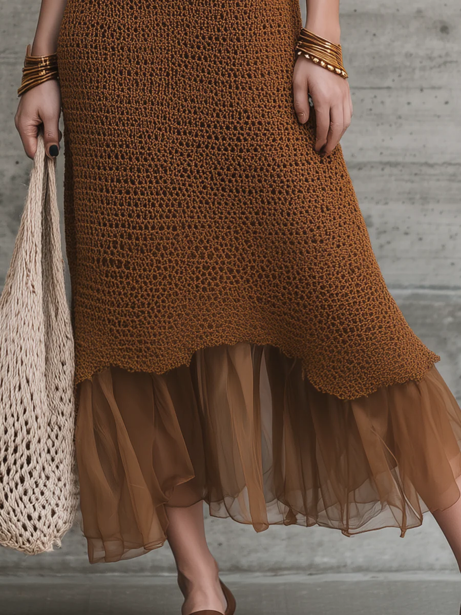 Elegant Brown Knit Layered Maxi Dress - Image 3