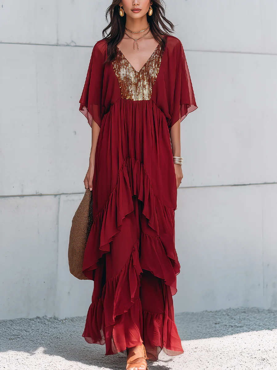 Elegant Burgundy Sequin Panel Ruffled Maxi Dress