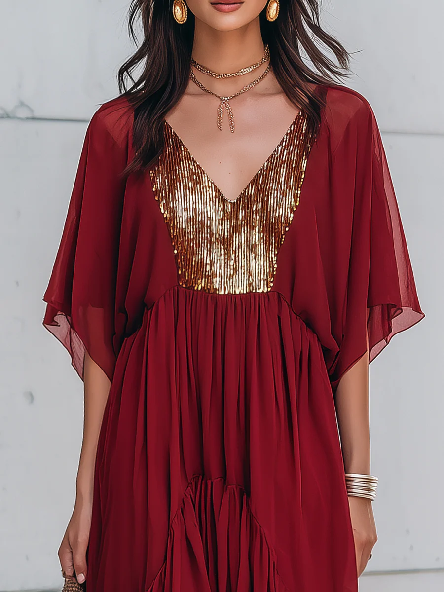 Elegant Burgundy Sequin Panel Ruffled Maxi Dress - Image 2