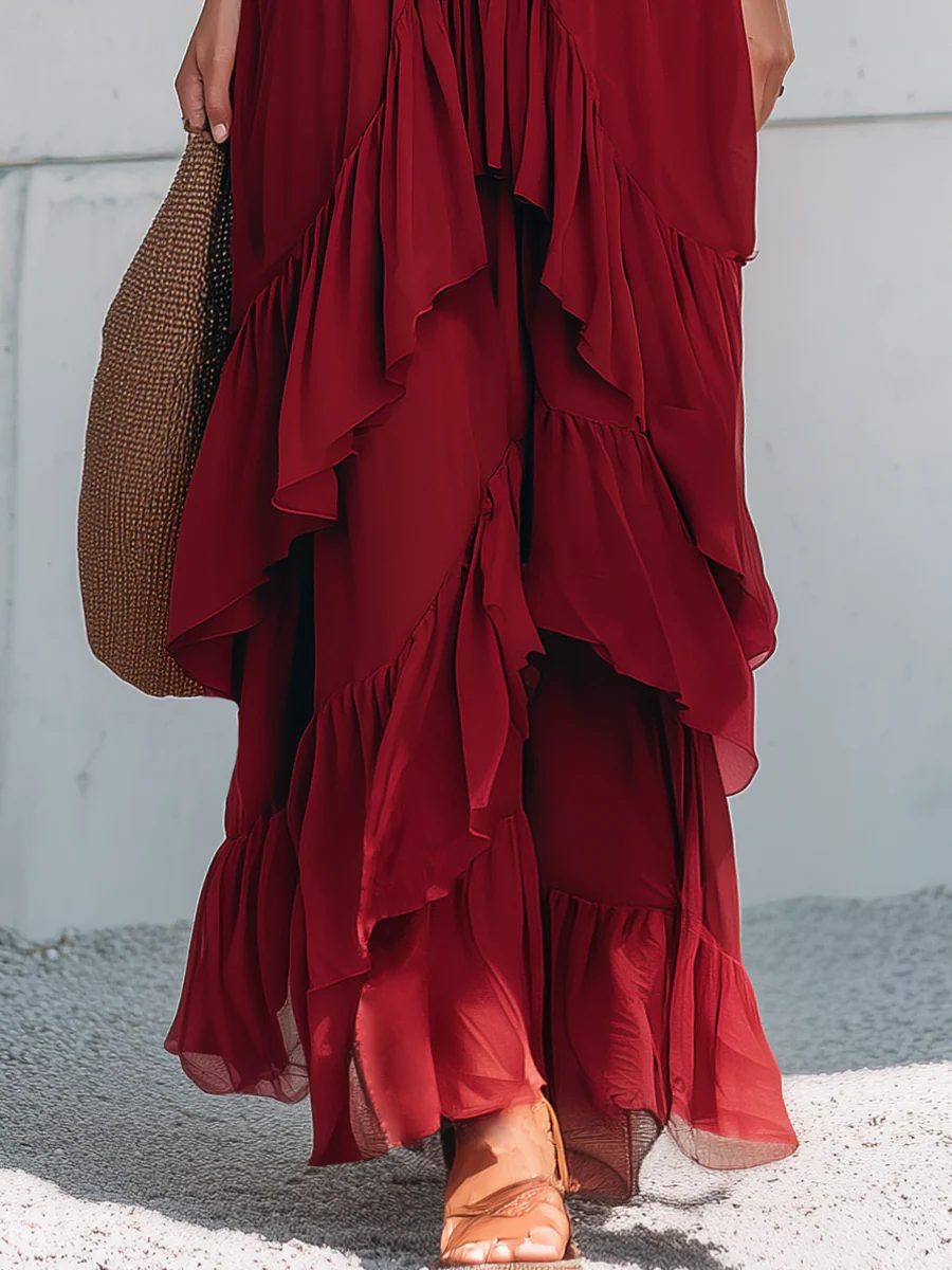 Elegant Burgundy Sequin Panel Ruffled Maxi Dress - Image 3