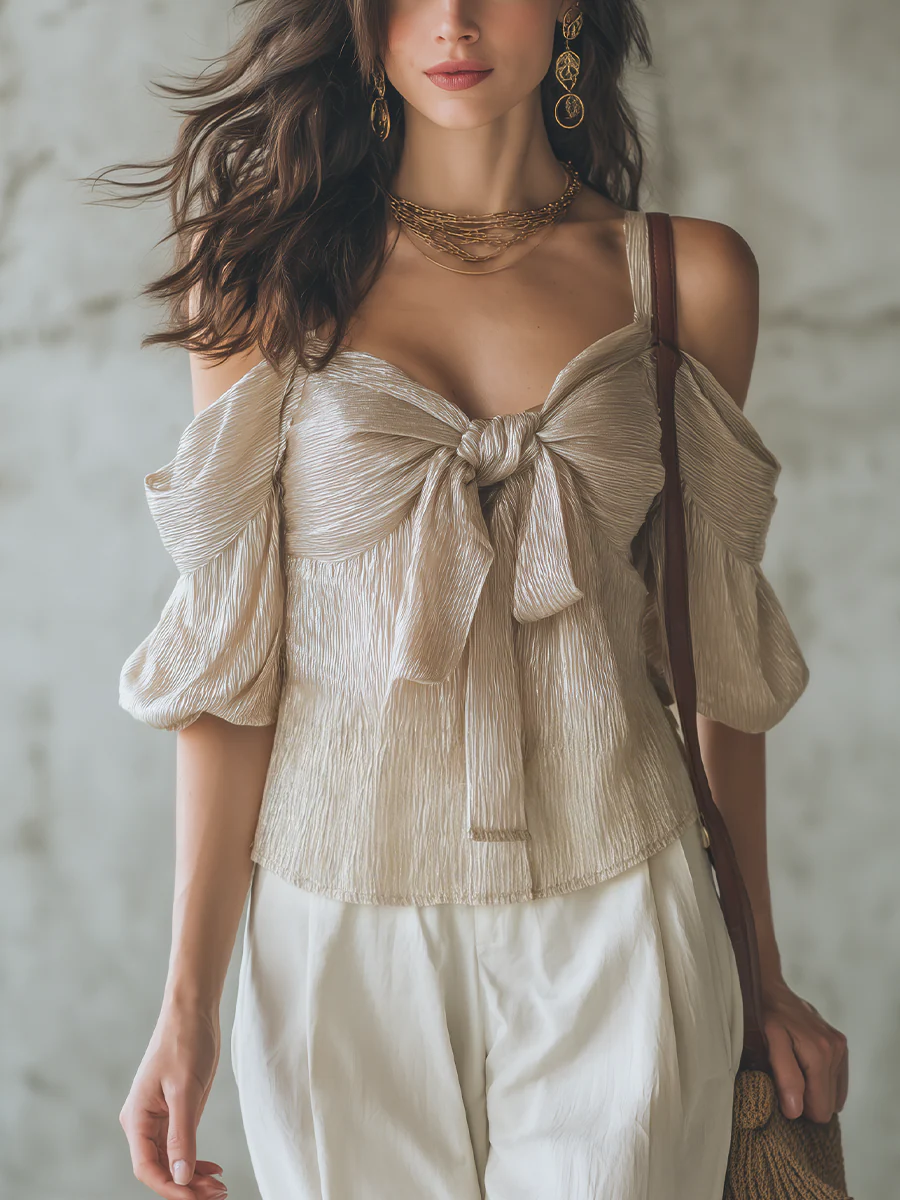Elegant Champagne Bow Front Off Shoulder Blouse