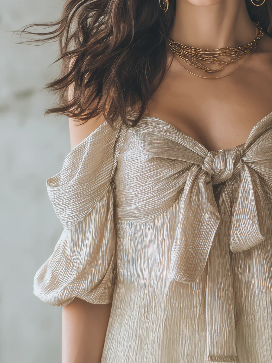 Elegant Champagne Bow Front Off Shoulder Blouse - Image 2
