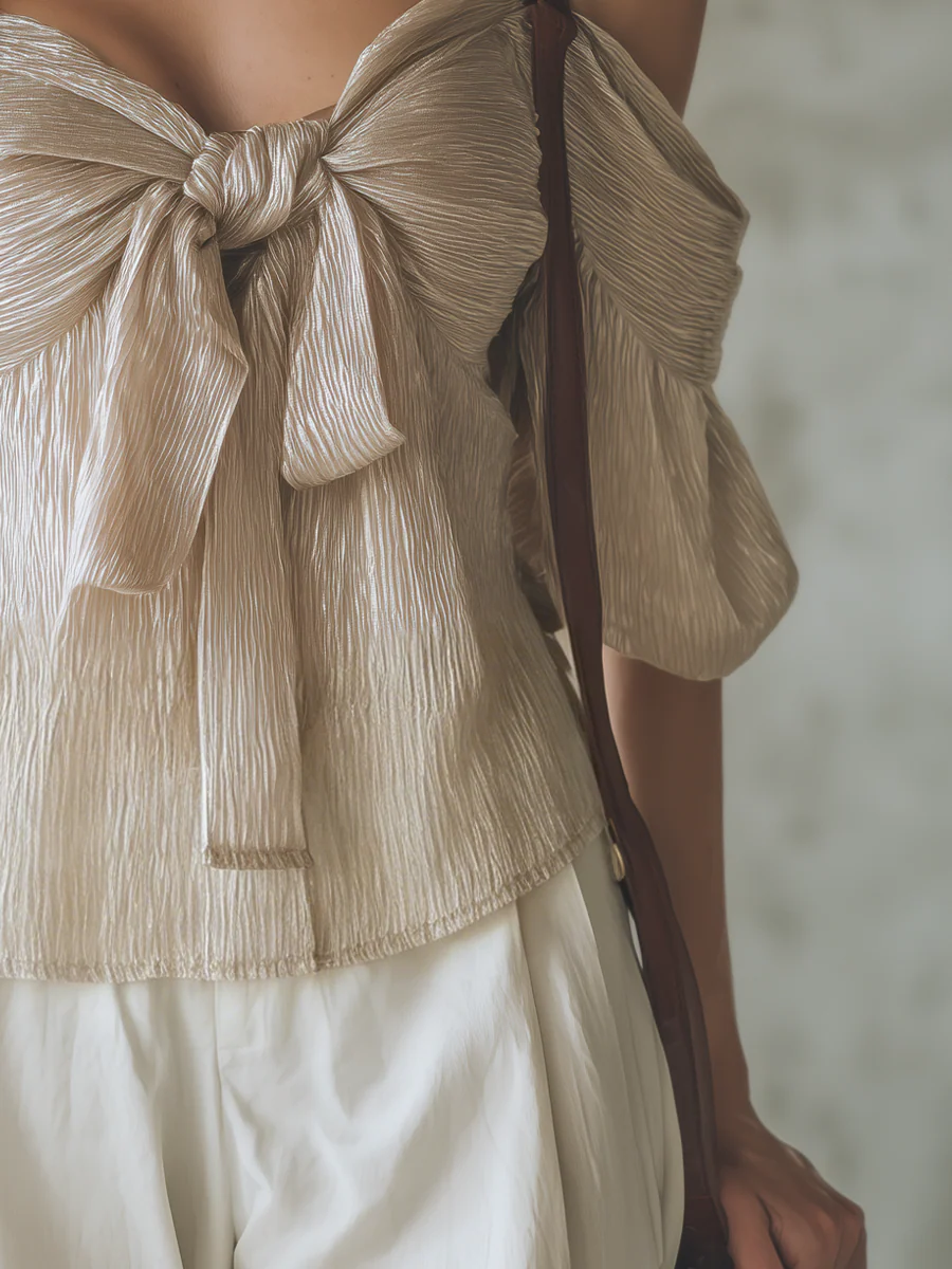 Elegant Champagne Bow Front Off Shoulder Blouse - Image 3