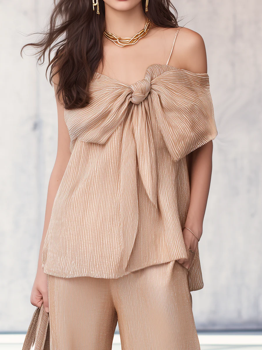 Elegant Champagne Bow Front Wide Leg Pants Set - Image 2