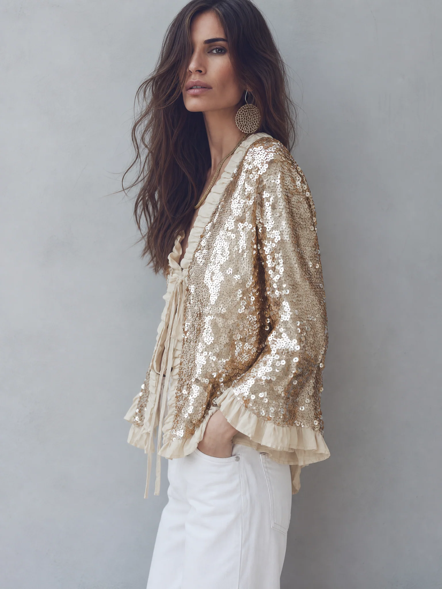 Elegant Champagne Sequin Ruffle Tie-Front Blouse - Image 2