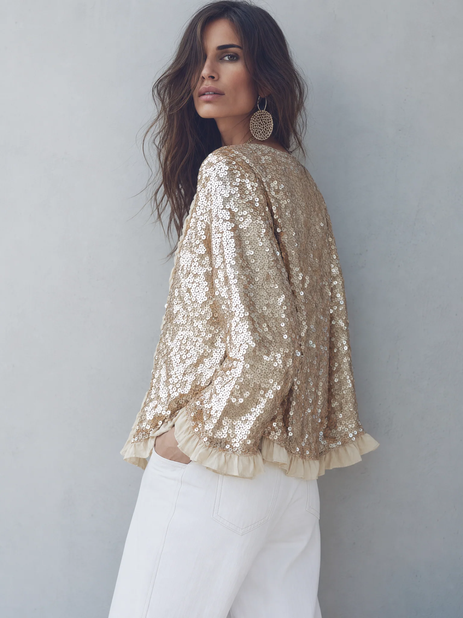Elegant Champagne Sequin Ruffle Tie-Front Blouse - Image 3