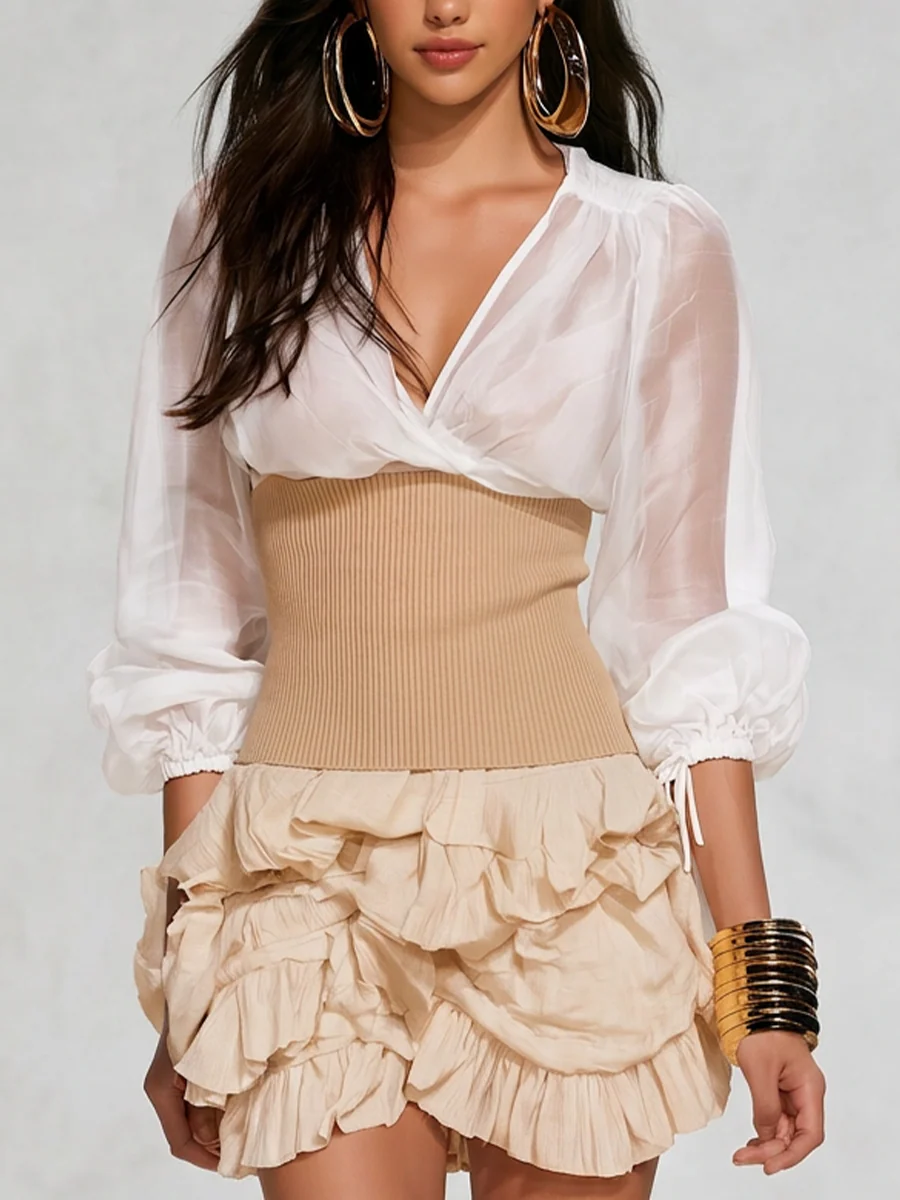 Elegant Chiffon Wrap With Ribbed Waist Corset Top - Image 2