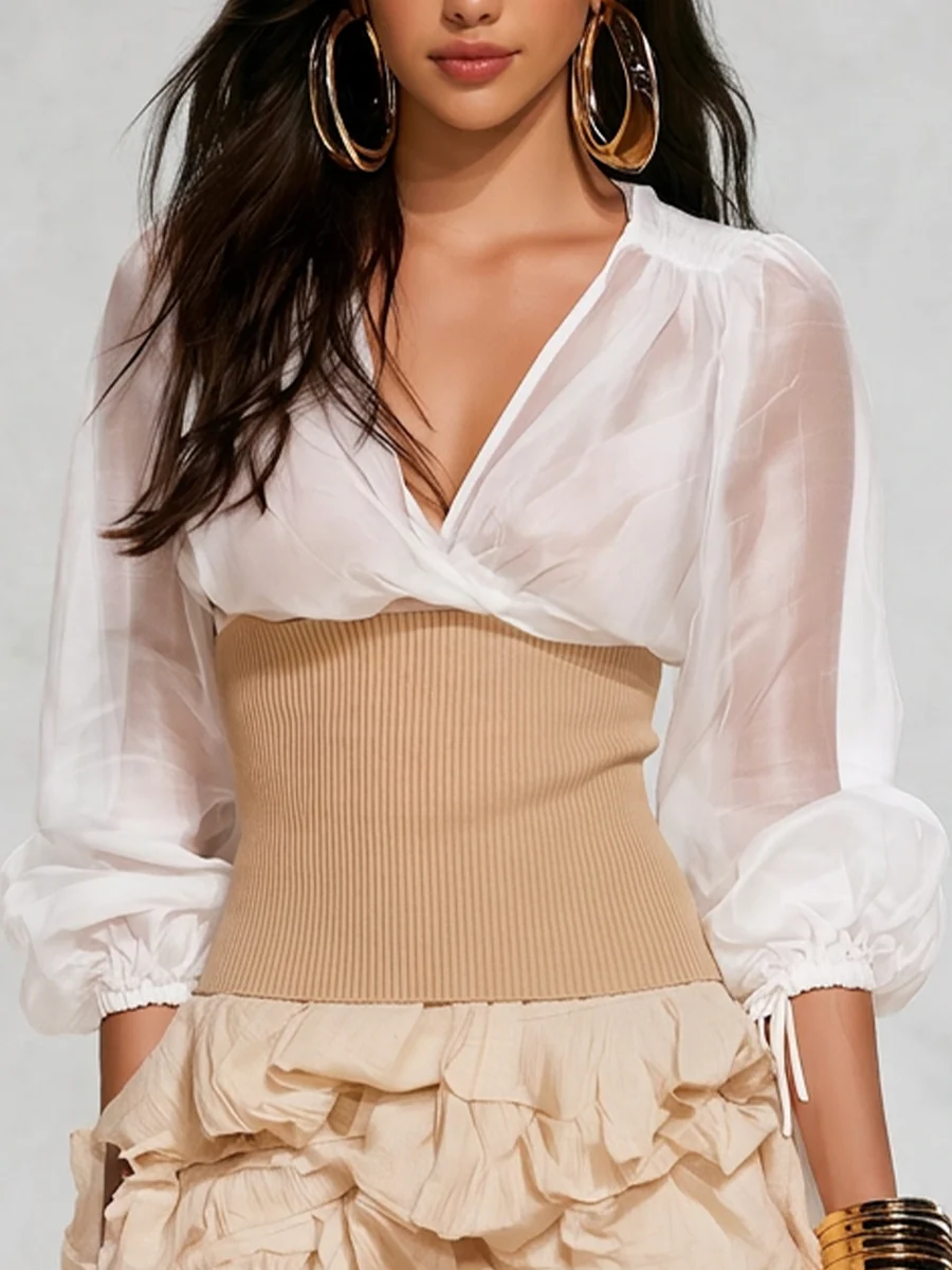 Elegant Chiffon Wrap With Ribbed Waist Corset Top - Image 3