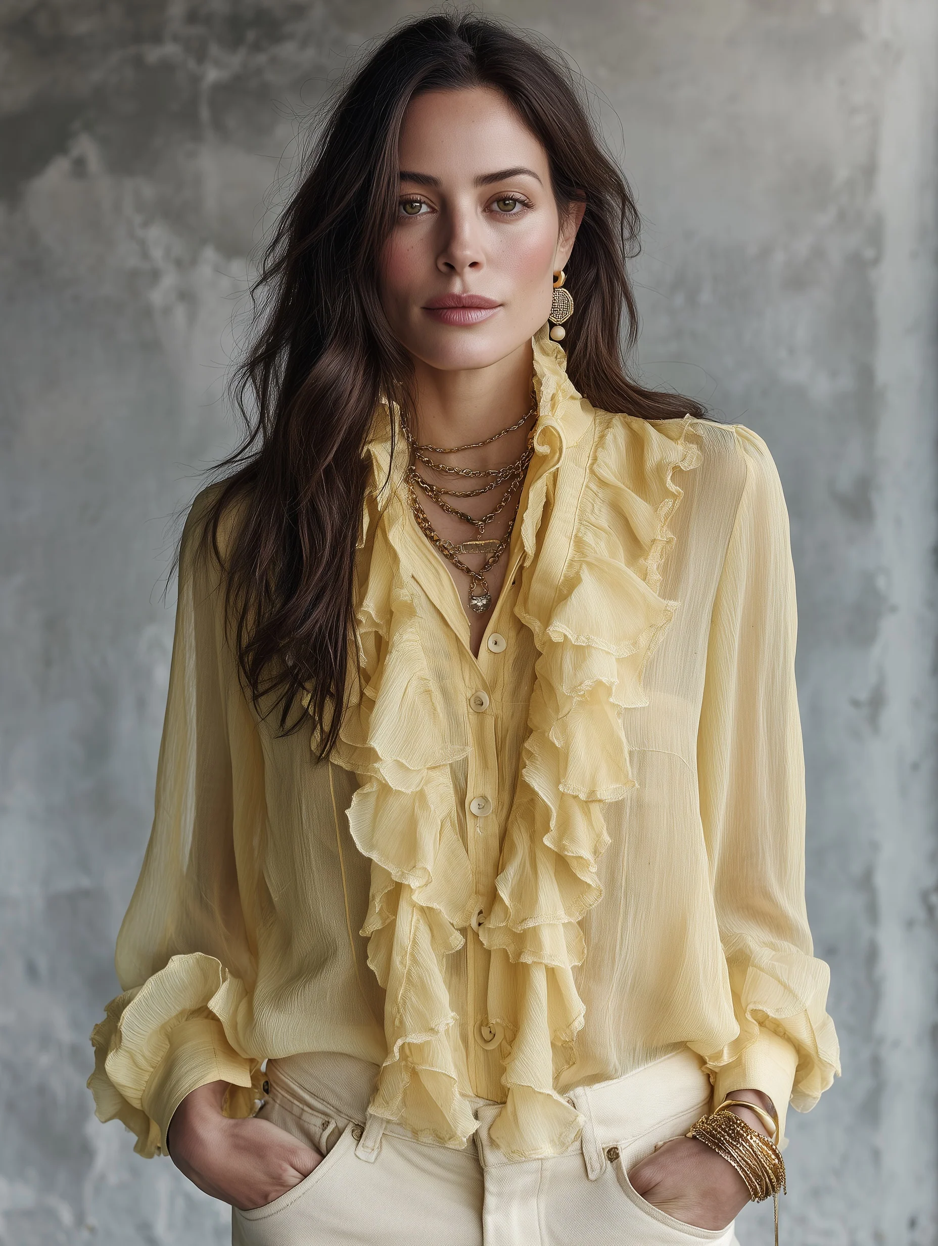 Elegant Coastal Flowy Layered-Ruffle Stand-Collar Lemon Yellow Chiffon Blouse - Image 2