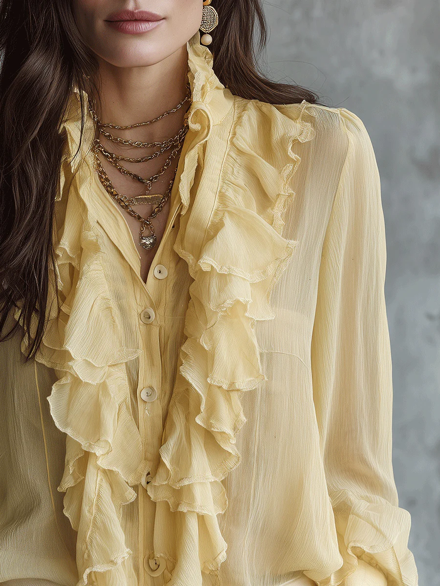 Elegant Coastal Flowy Layered-Ruffle Stand-Collar Lemon Yellow Chiffon Blouse - Image 3
