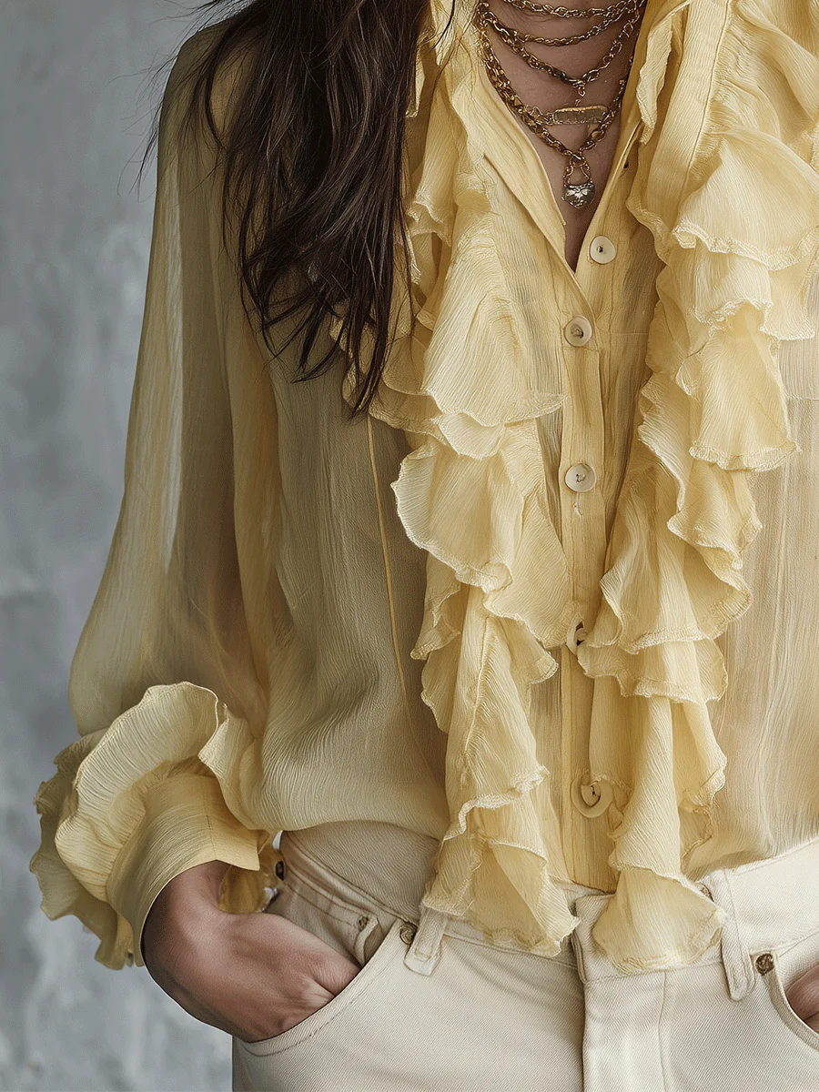 Elegant Coastal Flowy Layered-Ruffle Stand-Collar Lemon Yellow Chiffon Blouse - Image 4