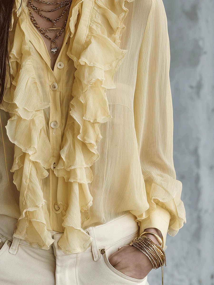 Elegant Coastal Flowy Layered-Ruffle Stand-Collar Lemon Yellow Chiffon Blouse - Image 5