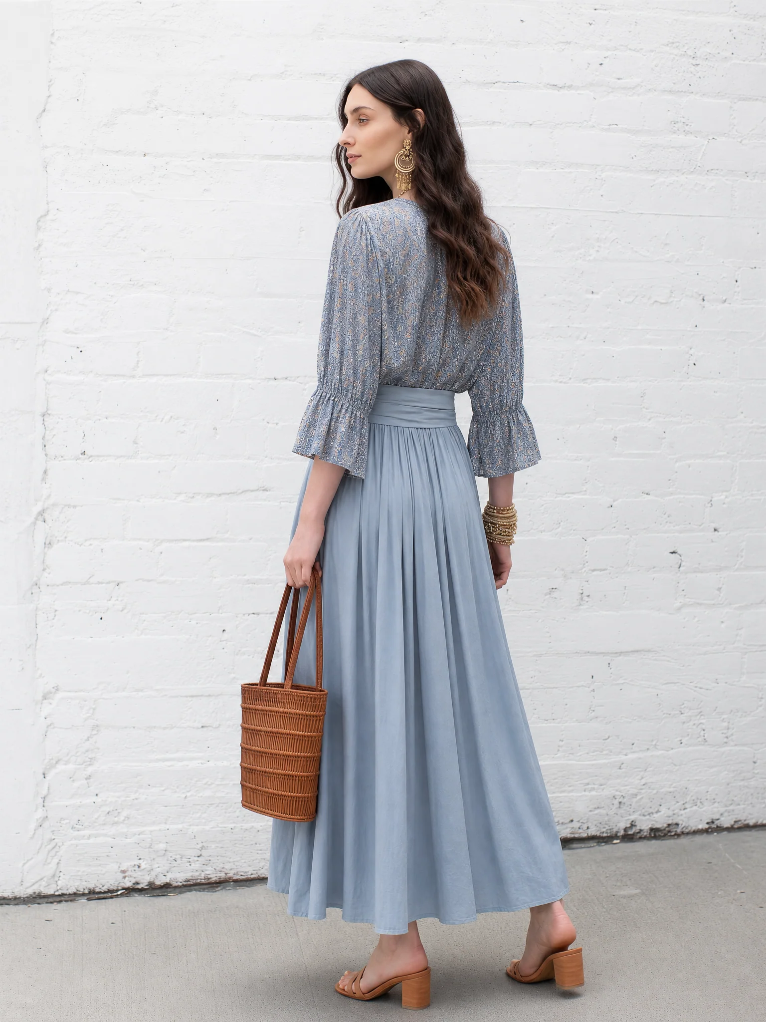 Elegant Dusty Blue Floral Print Blouse & Skirt Set - Image 3