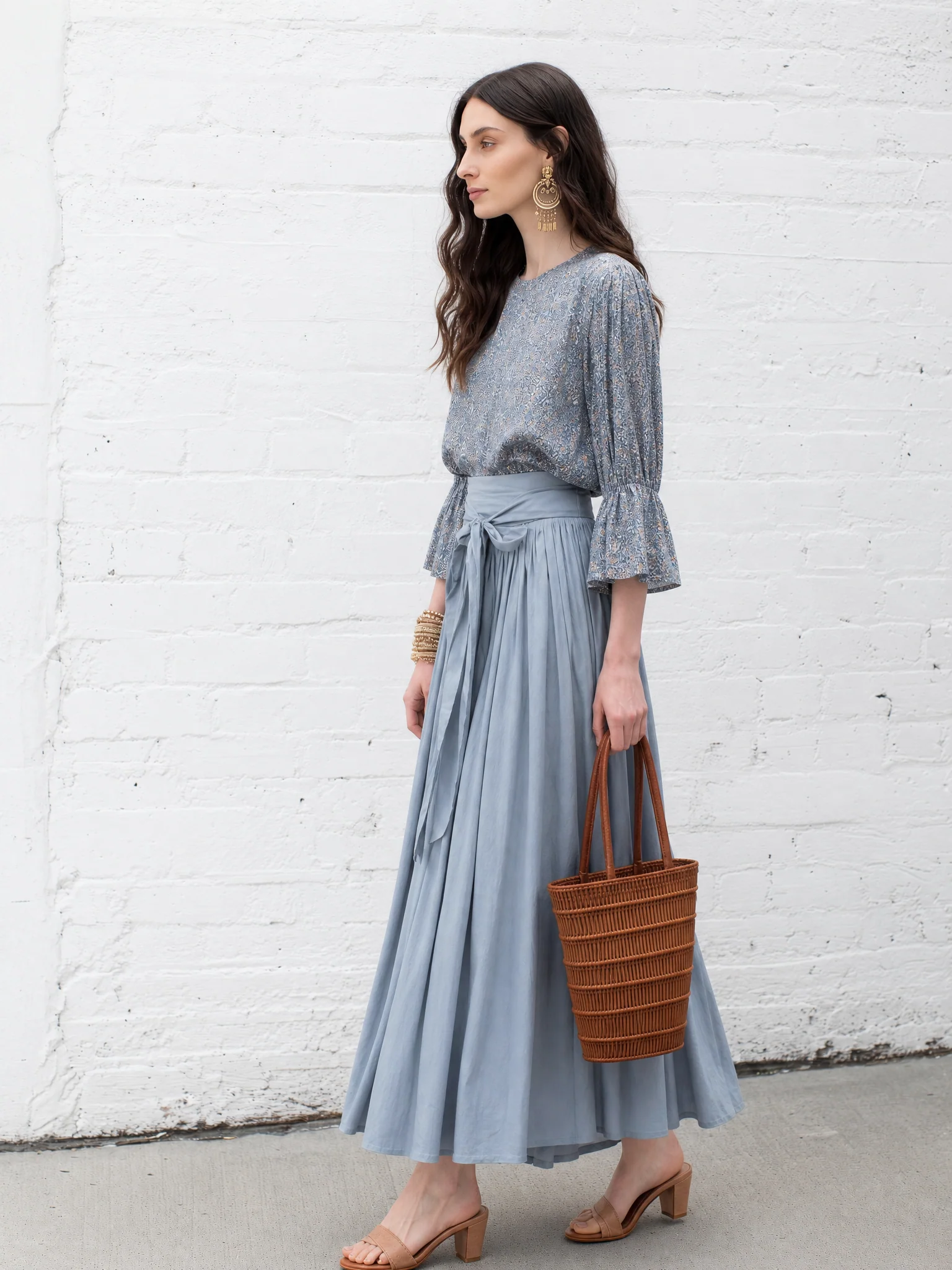 Elegant Dusty Blue Floral Print Blouse & Skirt Set - Image 4