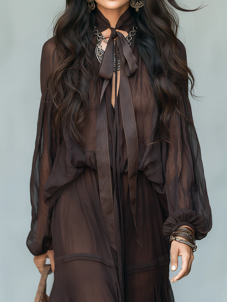 Elegant Espresso Sheer Tie-Neck Maxi Dress - Image 2