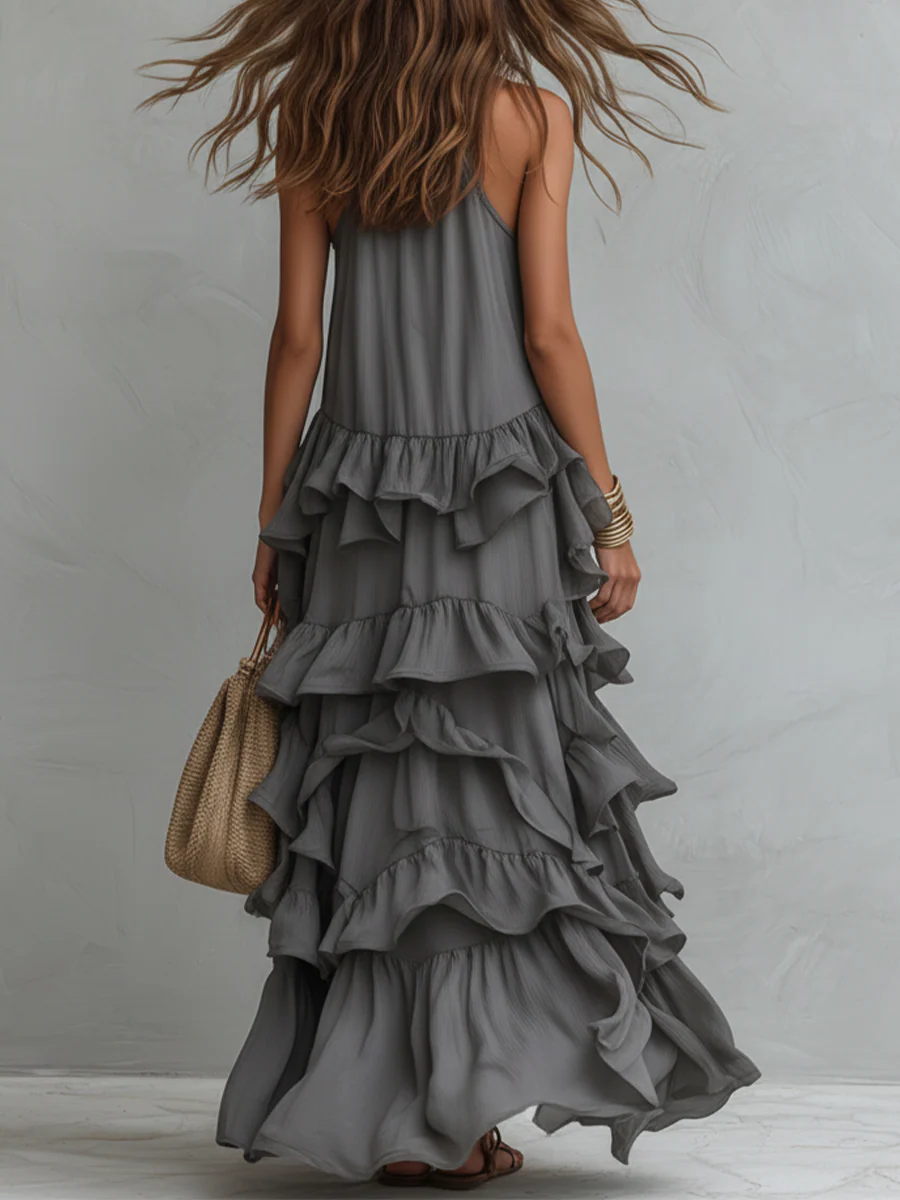 Elegant Grey Romantic Layered Ruffle Long Dress - Image 2