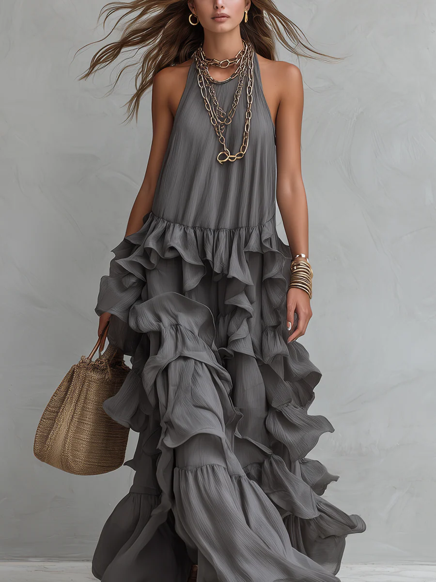 Elegant Grey Romantic Layered Ruffle Long Dress - Image 3