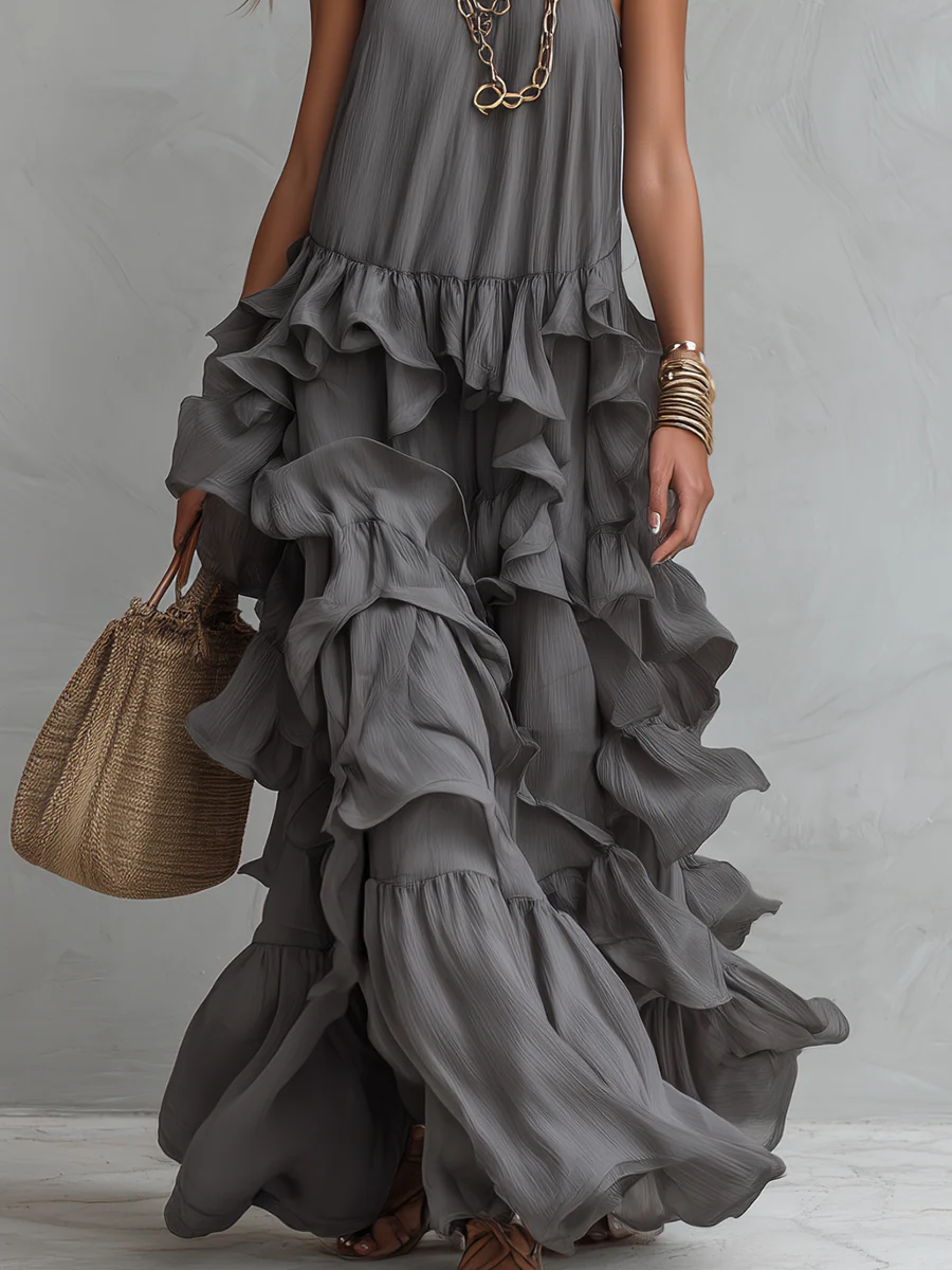 Elegant Grey Romantic Layered Ruffle Long Dress - Image 4
