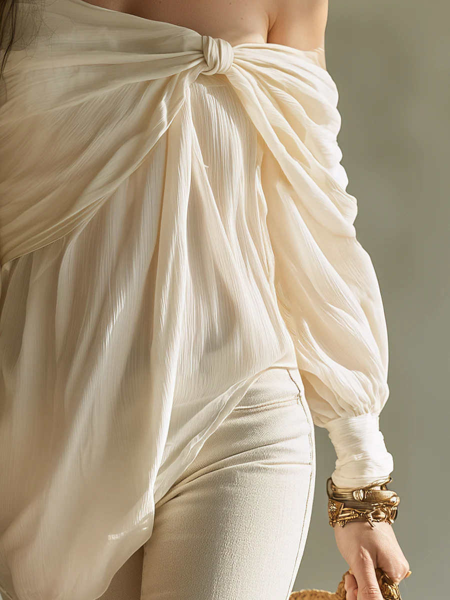 Elegant Ivory Knotted Off-Shoulder Blouse - Image 3