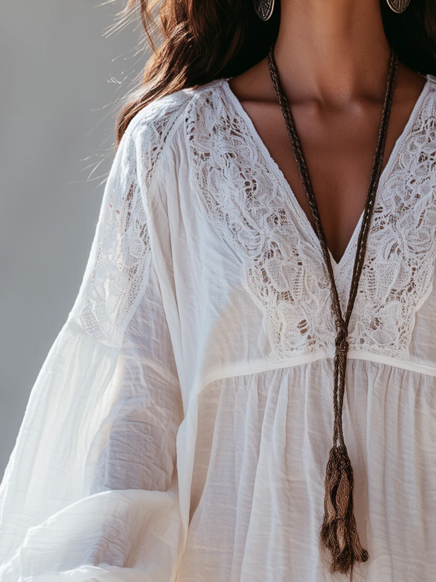Elegant Ivory Lace Trim Peasant Blouse - Image 2