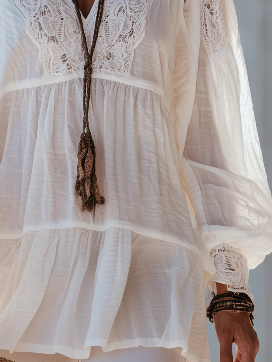 Elegant Ivory Lace Trim Peasant Blouse - Image 3