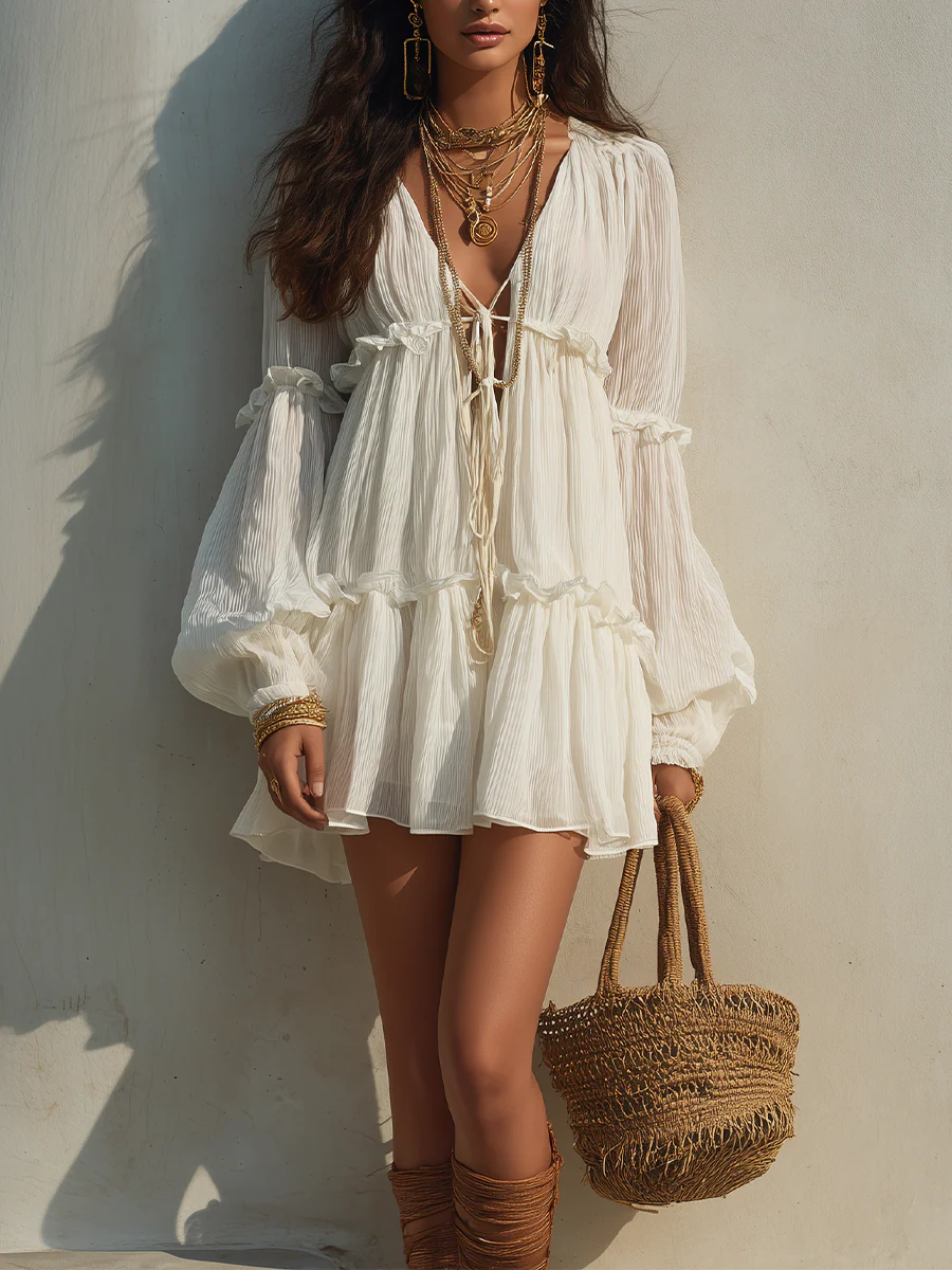 Elegant High-Waisted Slimming Ivory-Colored Multi-Layered Beach Mini Dress