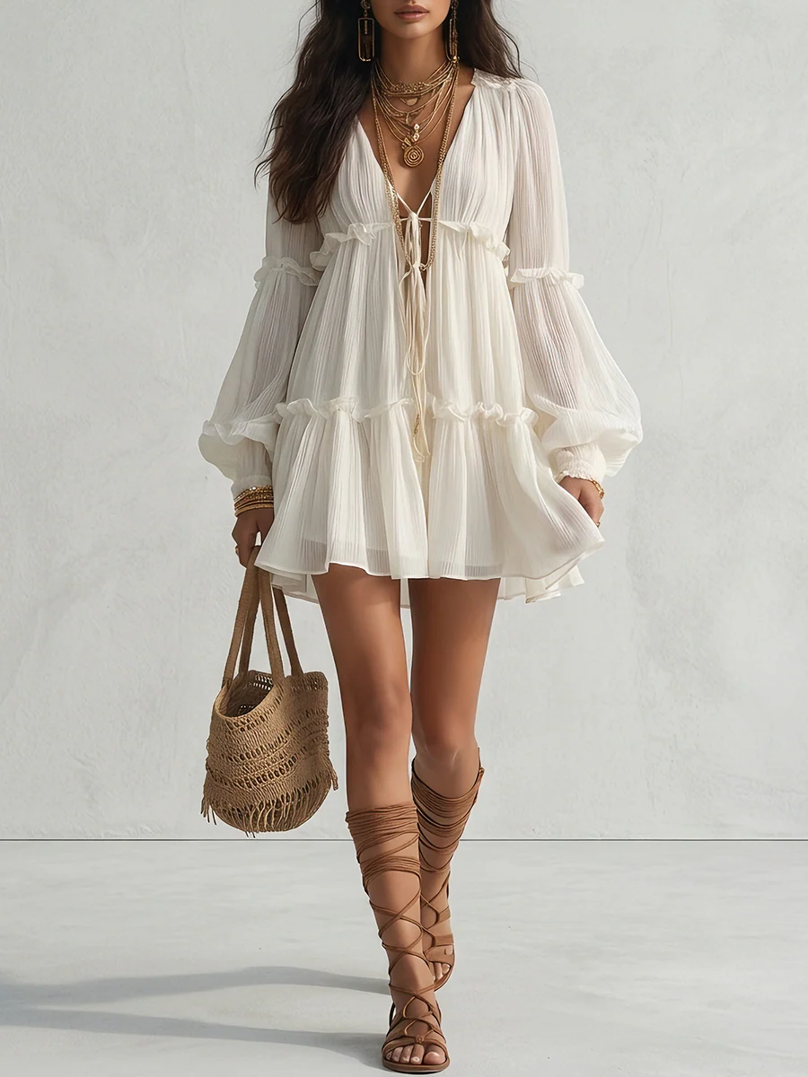 Elegant High-Waisted Slimming Ivory-Colored Multi-Layered Beach Mini Dress - Image 4