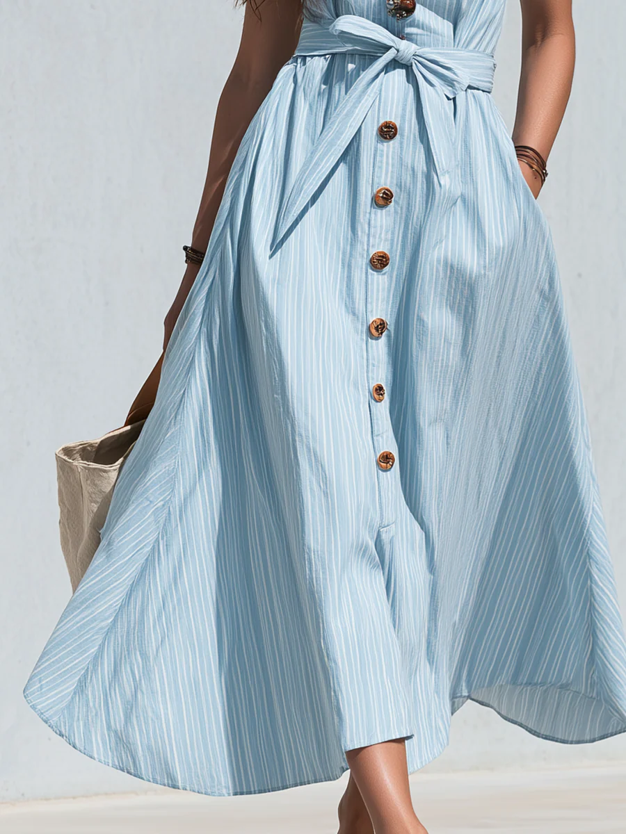Elegant Light Blue Button Front Belted Midi Dress - Image 3