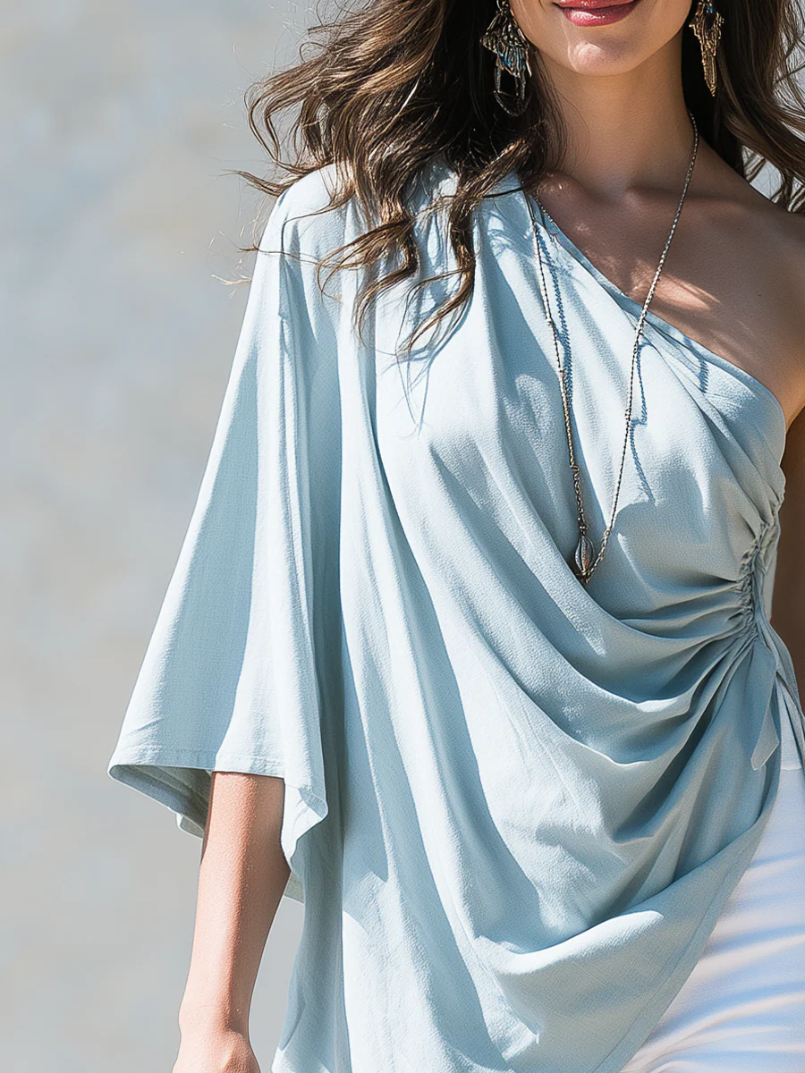 Elegant Light Blue One-Shoulder Draped Asymmetric Top - Image 2