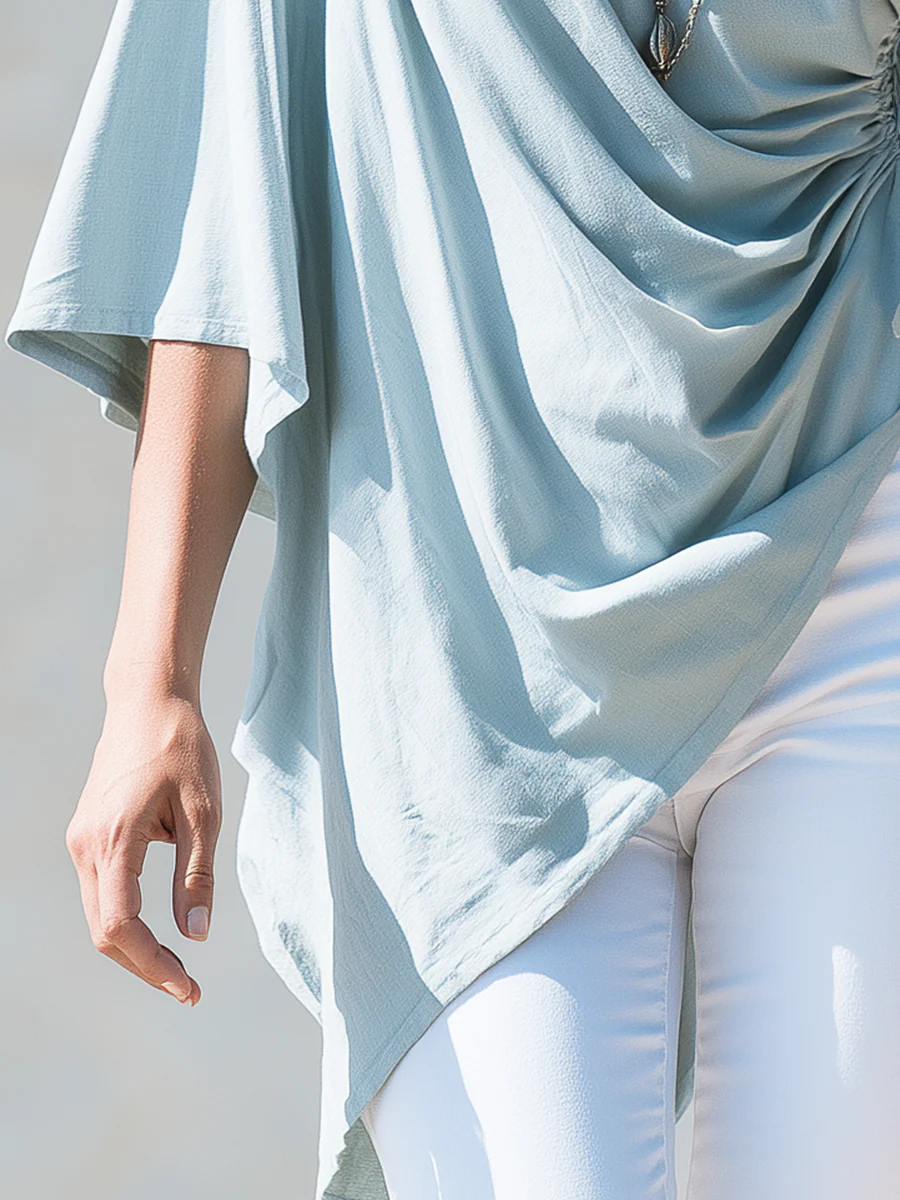 Elegant Light Blue One-Shoulder Draped Asymmetric Top - Image 3