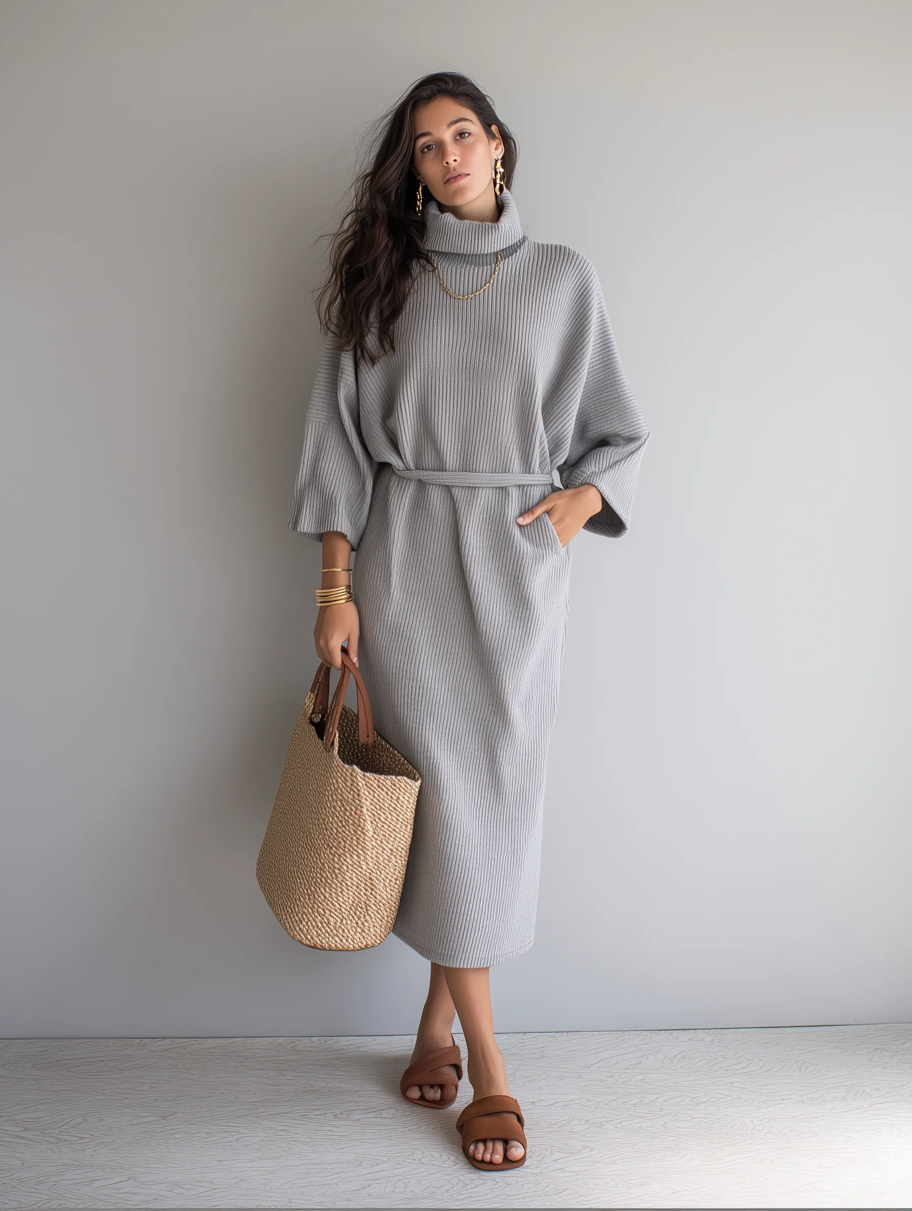 Elegant Light Gray Ribbed Turtleneck Sweater Dress - Image 2