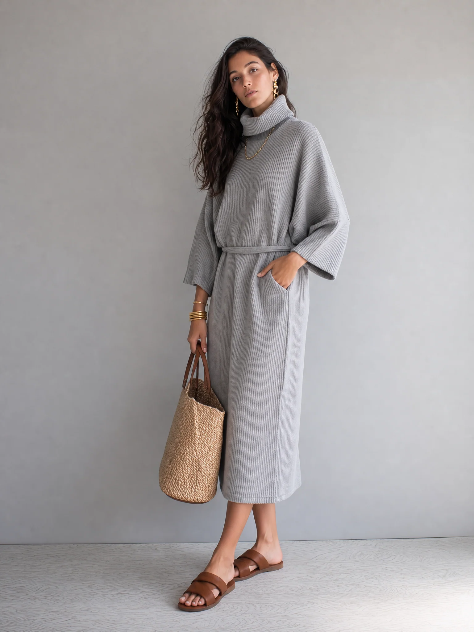 Elegant Light Gray Ribbed Turtleneck Sweater Dress - Image 3