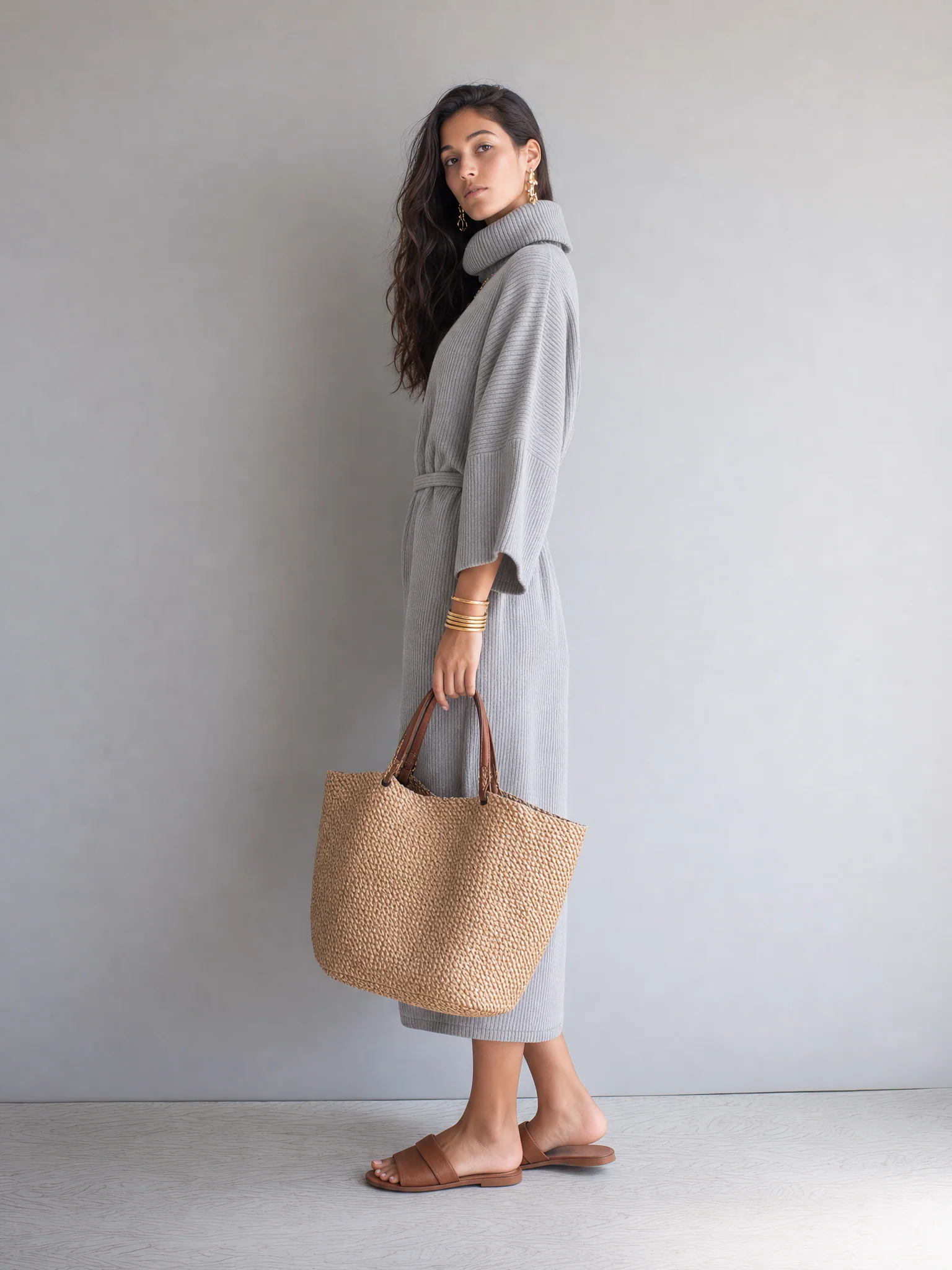 Elegant Light Gray Ribbed Turtleneck Sweater Dress - Image 4